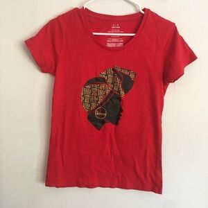 Red Graphic T-Shirt with African Headwrap Design: Size Small